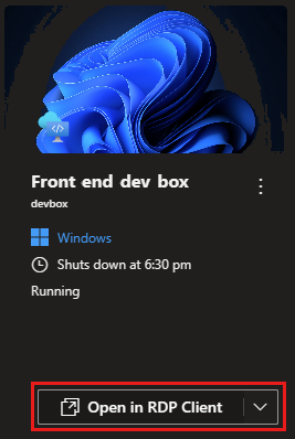 Screenshot of the card for a user's dev boxes with the option for opening in an RDP client.