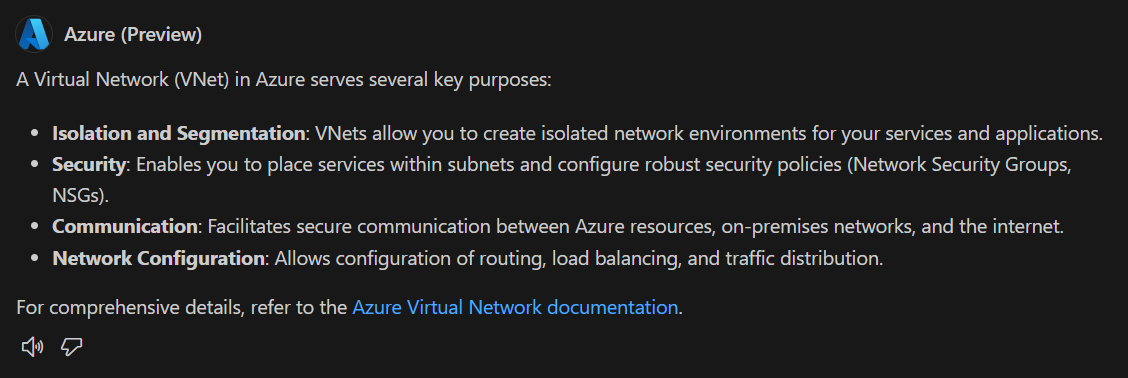 Screenshot that shows a response from GitHub Copilot for Azure with an explanation of what a virtual network is.