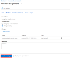 A screenshot of the final add role assignment screen where a user needs to select the Review + Assign button to finalize the role assignment.