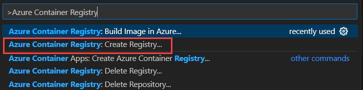 Screenshot that shows how to search for the task to create a new Azure Container Registry instance in Visual Studio Code.