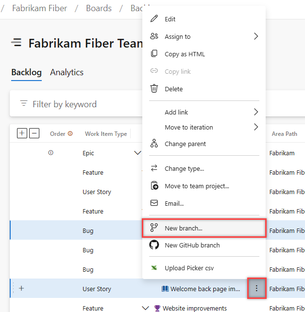 Screenshot of backlog, context menu, choose Link multiple backlog items to a git branch.