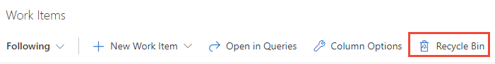 Screenshot of Boards, Work Items page, Open Recycle bin.