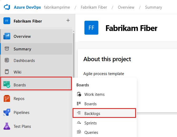 Screenshot of highlighted Boards and Backlogs selections.