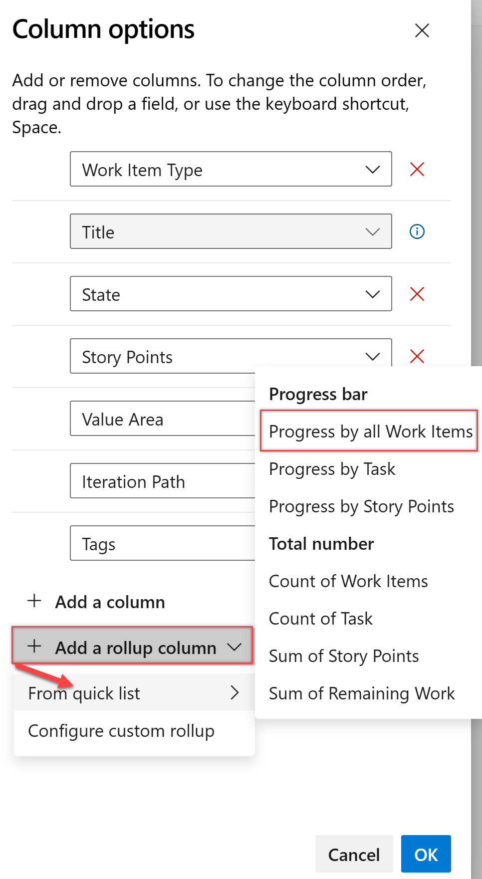 Screenshot of Column options dialog.