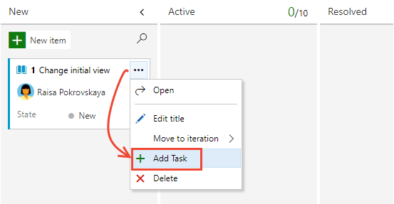 Screenshot shows choosing Add Task from the User Story card menu in the Agile process.