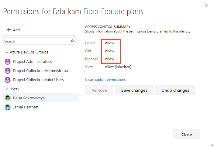 Screenshot showing the permissions dialog for a delivery plan.