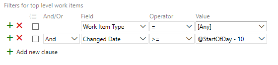 Screenshot that shows the Query Editor clauses for finding items changed in the last 10 days.