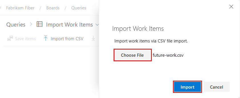 Screenshot showing Import work items dialog with the Import button highlighted.