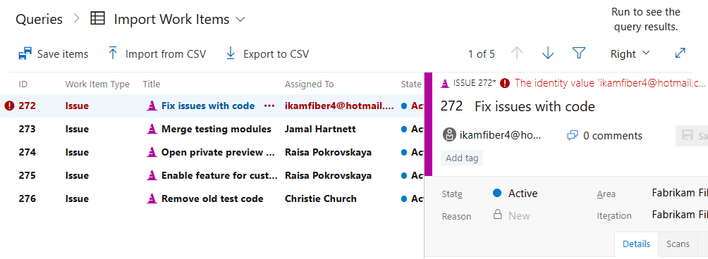 Screenshot showing an invalid value appearing in the Assigned To field.