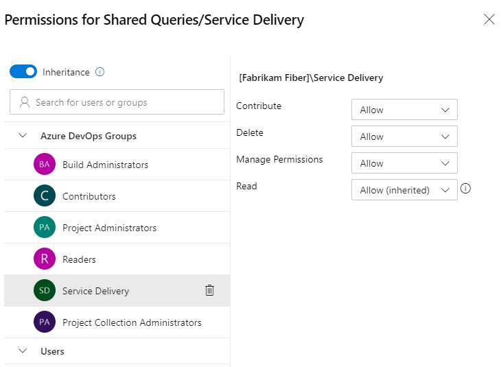 Screenshot of Permissions dialog for a query folder, verify permission settings.