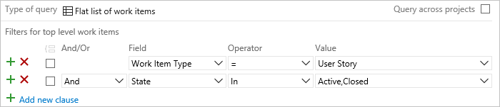 Screenshot showing Query editor, flat list, user stories - active or closed.