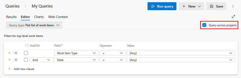 Screenshot of Query across project selections.
