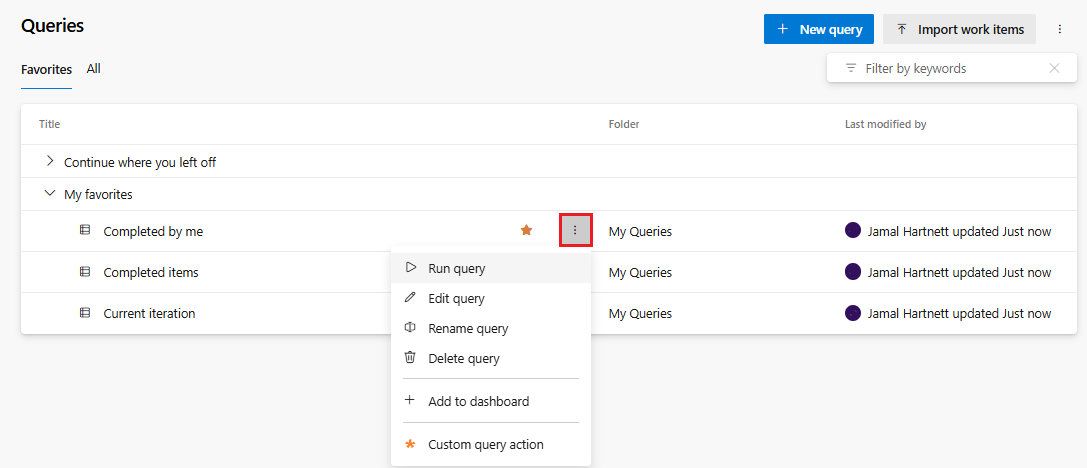 Screenshot of query context menu.