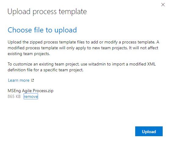 Screenshot of web portal, Upload process template dialog.