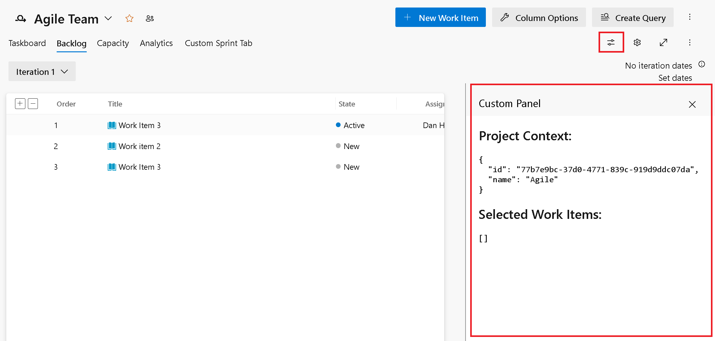 Screenshot of Iteration Backlog Custom Pane.