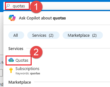 Screenshot of Azure portal search for quotas.