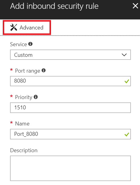 Screenshot of the Advanced button on the Add inbound security rule pane.