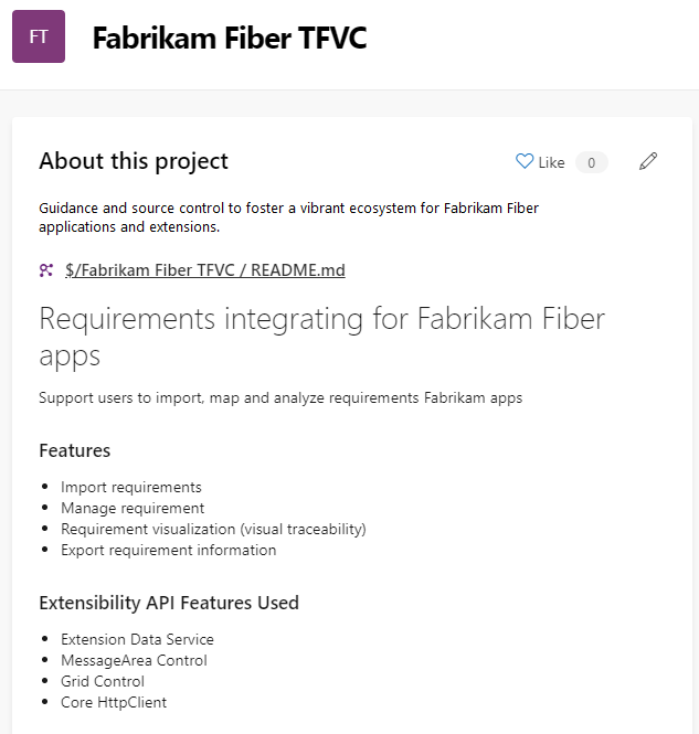 Screenshot of Project summary page with the README file displayed.