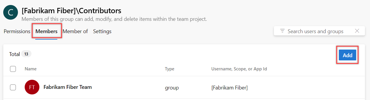 Screenshot shows highlighted Members tab for Contributors group.