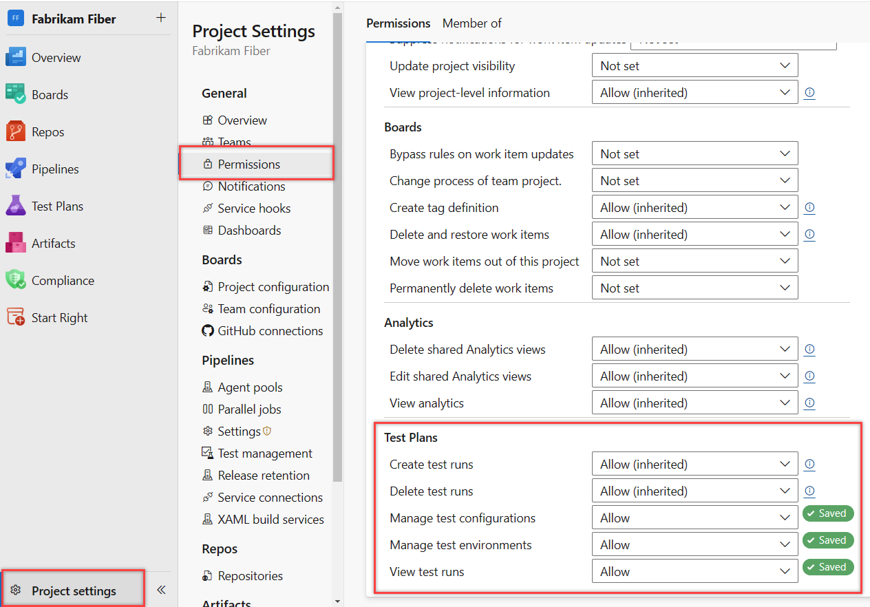 Screenshot of Set project-level test permissions for a custom group, Team Admin.