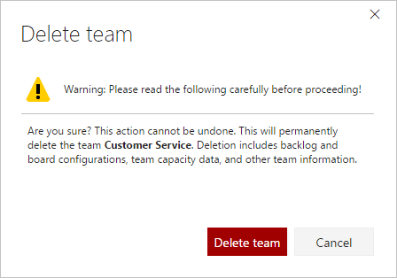 Screenshot of Delete team confirmation dialog.