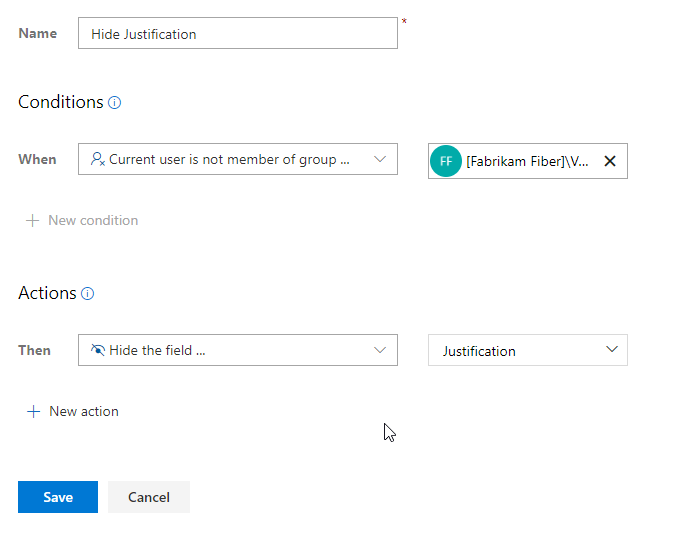 Custom rule, Current user is not a member of a group, Hide Justification field