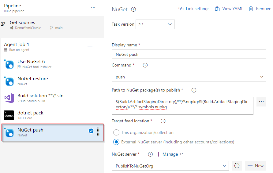 A screenshot displaying how to configure a NuGet push task to an external NuGet server.