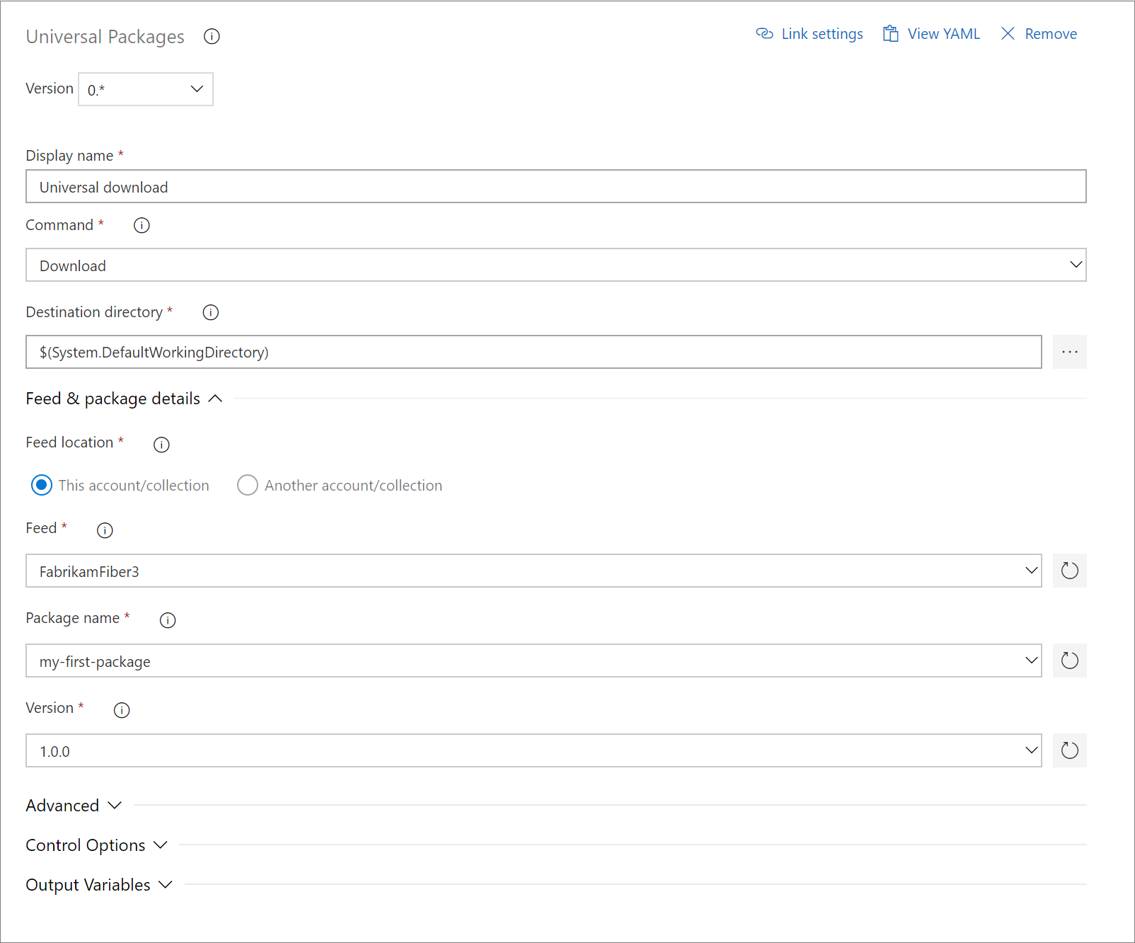 A screenshot displaying how to download a Universal Package with a Classic pipeline.