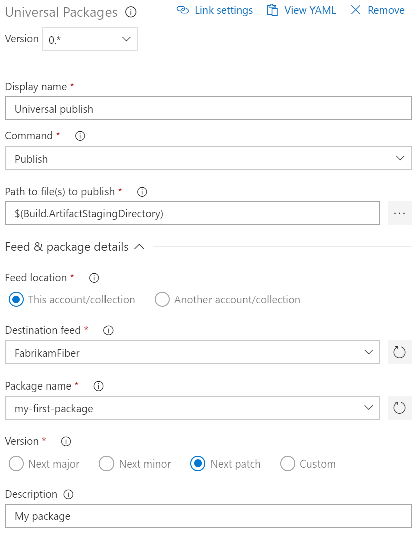 A screenshot displaying how to publish a Universal Packages using Classic pipelines.