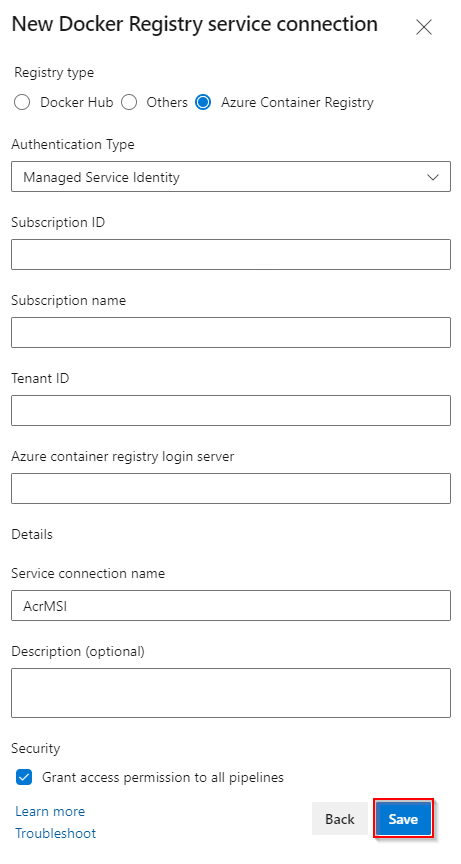 A screenshot showing how to set up a docker registry service connection MSI.