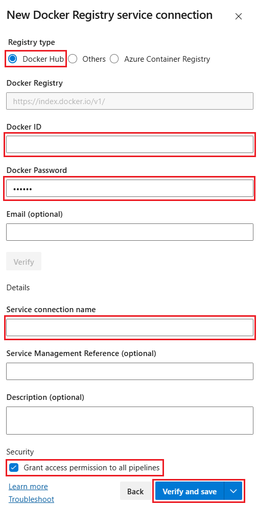 Screenshot of Docker Hub service connection dialog.