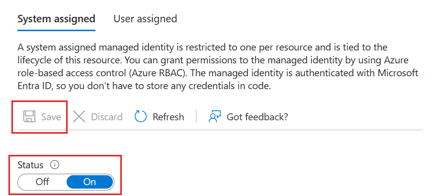 A screenshot showing how to enable system-assigned identity.