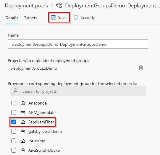 A screenshot showing sharing a deployment group with a project.