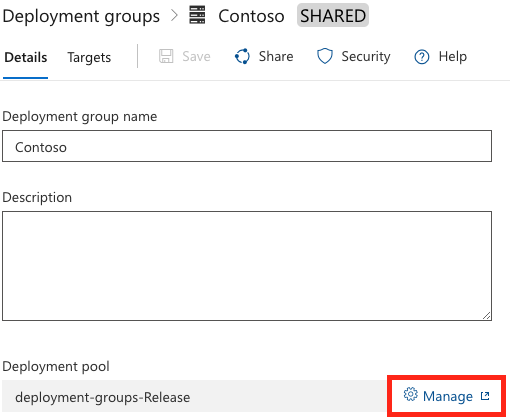 A screenshot showing Manage in the deployment group.