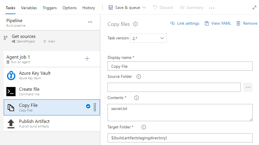 A screenshot showing how to set up the copy files task in classic pipelines.