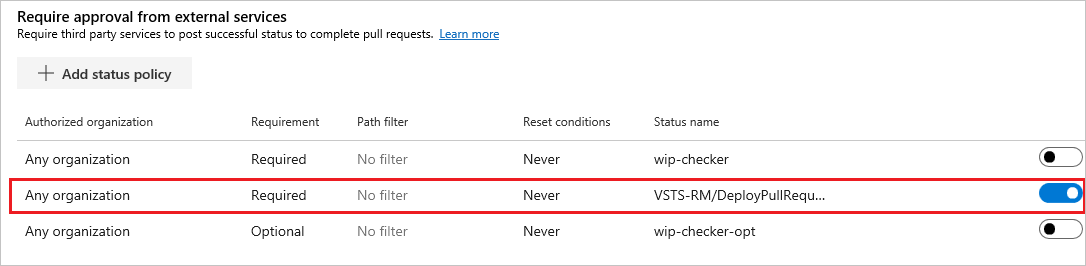 A screenshot showing a list of status policies and the pull request deployment policy enabled.
