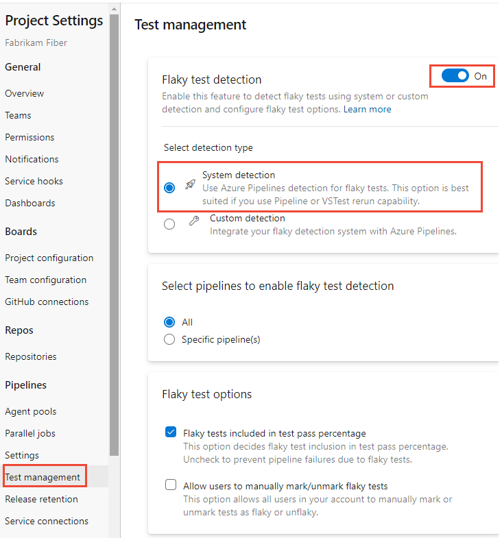 Screenshot of Test Management, Flaky test detection enabled, System detection.