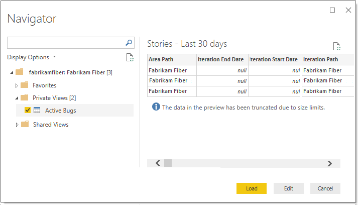 Screenshot of Power BI, Dialog of Navigator to choose Analytics view. 