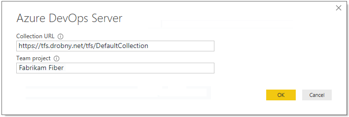 Screenshot of Power BI, Dialog to enter Azure DevOps Project Collection and project name.