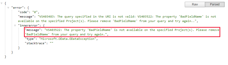 Screenshot that shows the JSON error for the Visual Studio Code OData extension.