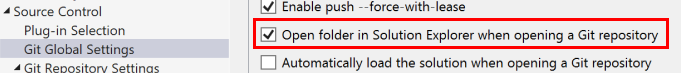 Screenshot showing the checkbox to open folder when opening a Git repository in the Options dialog box.