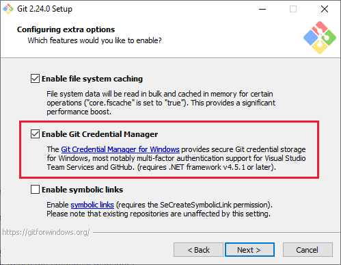 Screenshot shows selection, Enable Git Credential Manager during Git for Windows install.