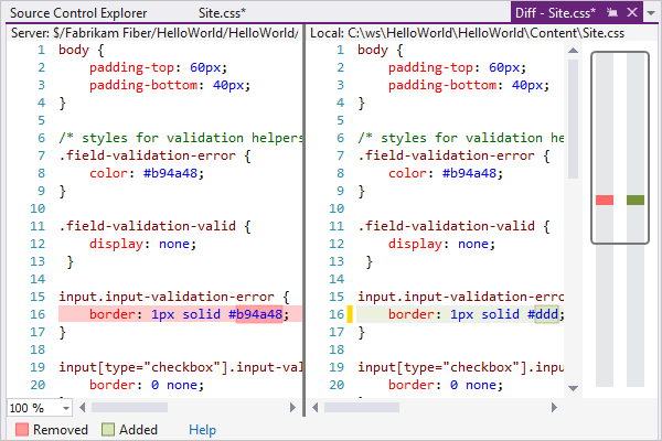 Screenshot that shows the compare window, with two versions of the file side by side.