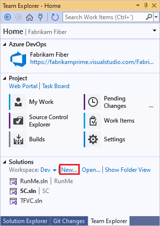 Screenshot that shows the Team Explorer Home page with New highlighted under Solutions.