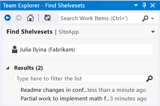 Screenshot of the Find Shelvesets page in Team Explorer. The search box contains the name of a team member. Under Results, two shelvesets are visible.