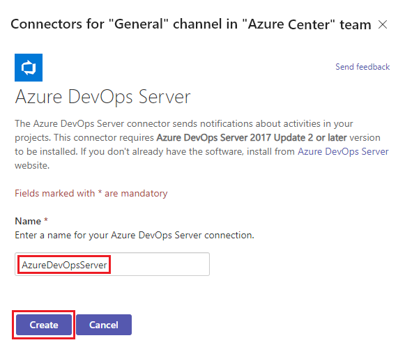 Screenshot that shows creating the Azure DevOps Server connection in Teams.