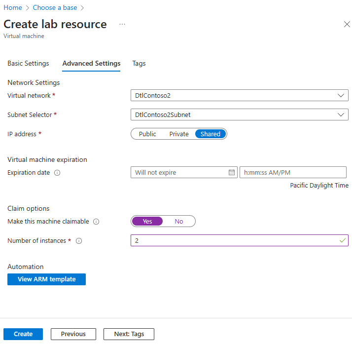 Virtual machine advanced settings page.