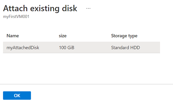 Screenshot of attach existing data disk to a virtual machine.