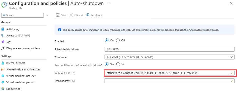 Screenshot showing pasting the webhook URL into the auto-shutdown settings.