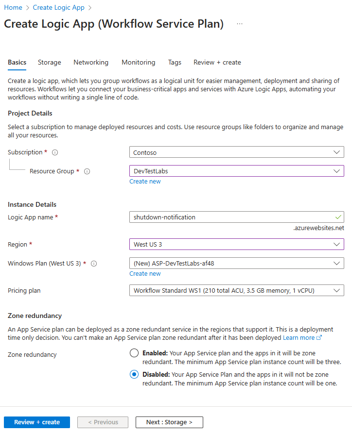 Screenshot showing the Create Logic App page.